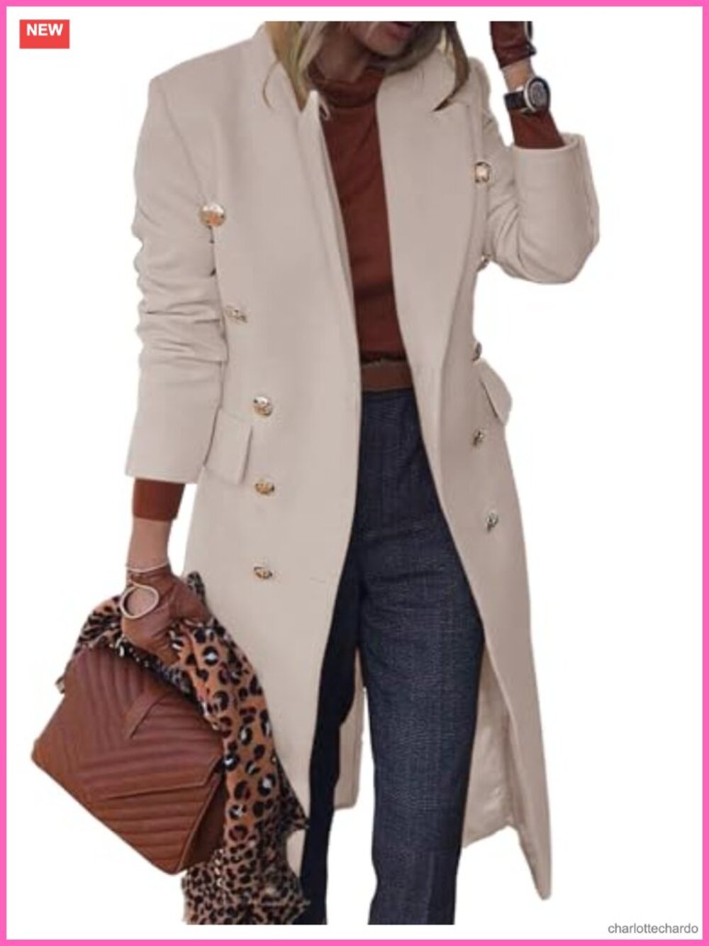 Women's Long Double Breasted Wool Blend Peacoat with Notch Lapel